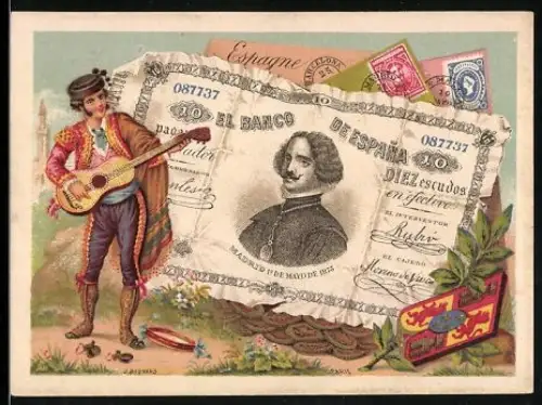 Sammelbild Spanischer Geldschein 10 Escudos, Gitarrenspieler in Tracht