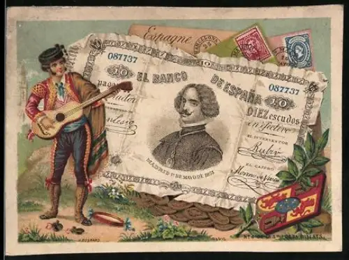 Sammelbild Spanische Banknote 10 Escudos, Gitarrenspieler in Tracht