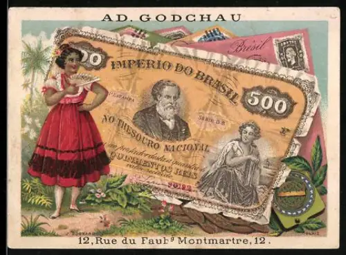 Sammelbild Paris, Maison Ad. Godchau, Vetements pour Hommes et Enfants, Brasilianischer Geldschein 500 Reis