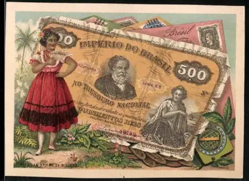 Sammelbild Brasilianischer Geldschein 500 Reis, Frau in Tracht mit Fächer
