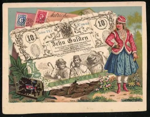 Sammelbild Österreichischer Geldschein 10 Gulden, Frau im eleganten Kostüm