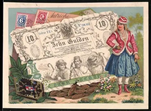 Sammelbild Österreichischer Geldschein 10 Gulden, Frau im eleganten Kostüm