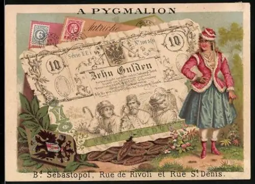 Sammelbild Paris, Pygmalion, Grands Magasins de Nouveautés, Österreichischer Geldschein 10 Gulden