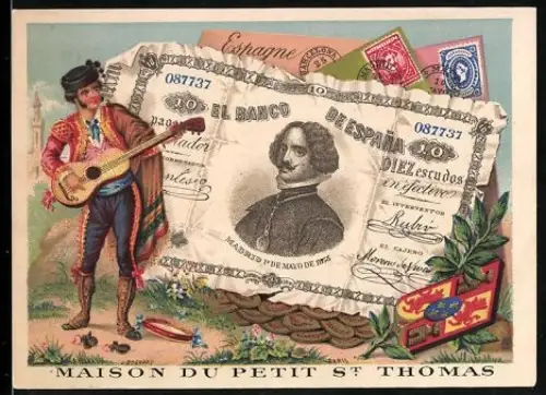 Sammelbild Maison du Petit St. Thomas, Spanischer Geldschein 10 Escudos, Gitarrenspieler