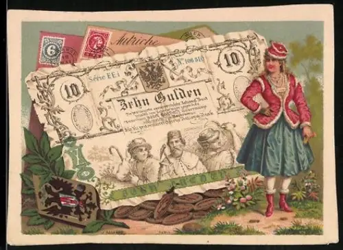 Sammelbild Österreichischer Geldschein 10 Gulden, Elegante Dame