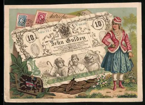 Sammelbild Österreichischer Geldschein 10 Gulden, Dame im eleganten Kostüm