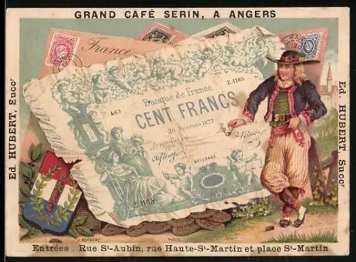 Sammelbild Angers, Grand Café Serin, Guignolet d`Angers et La Menthe anglaise, Französischer Geldschein 100 Francs
