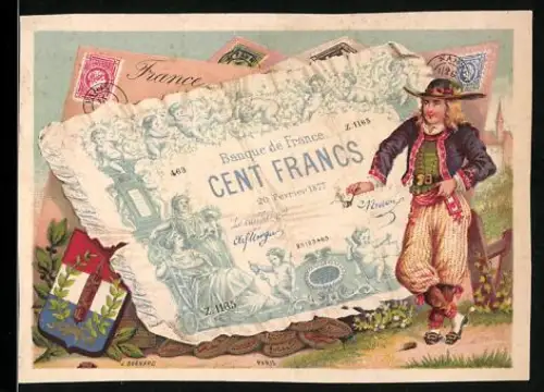 Sammelbild Paris, Brasserie de la Marine, English Beer on Draught, Französicher Geldschein 100 Francs