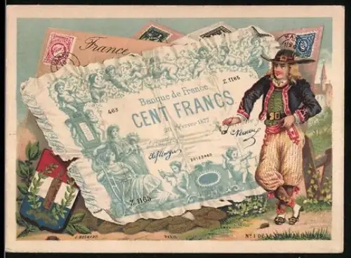 Sammelbild Paris, Maison Nouvelle, Habillements pour Hommes et Jeunes Gens, Französischer Geldschein 100 Francs