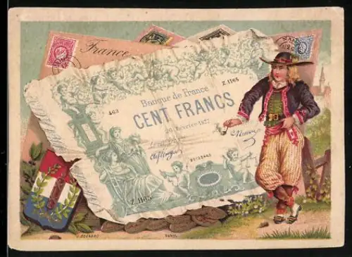 Sammelbild Französischer Geldschein 100 Franc, Mann mit Pfeife in Tracht