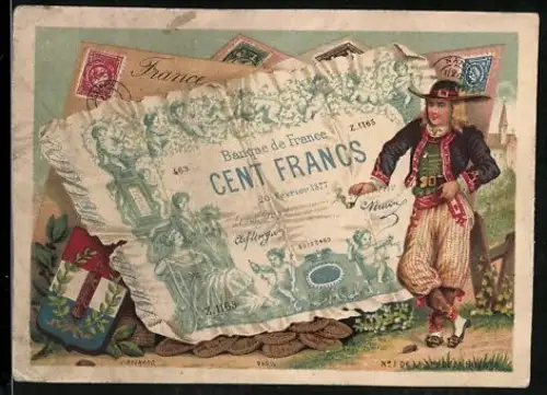 Sammelbild Französischer Geldschein 100 Francs, Mann in Tracht mit Pfeife