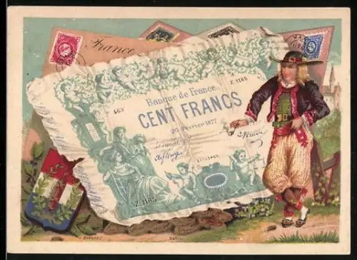 Sammelbild Französische Banknote 100 Francs, Mann in Tracht mit Pfeife in der Hand