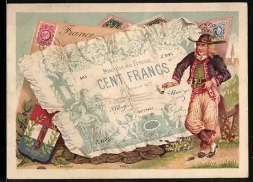 Sammelbild Französischer Geldschein 100 Francs, Mann in Tracht mit Pfeife in der Hand