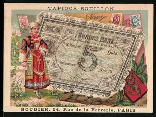 Sammelbild Paris, Boudier, Pates Alimentaires, Norwegischer Geldschein 5 Kronen, Frau in Tracht