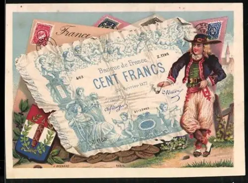 Sammelbild Französischer Geldschein 100 Francs, Mann in Tracht mit Pfeife