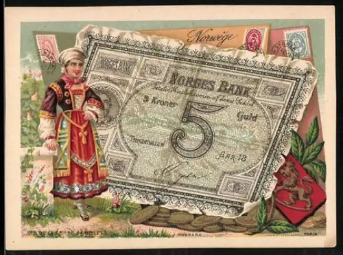 Sammelbild Norwegischer Geldschein 5 Kronen, Frau in Tracht