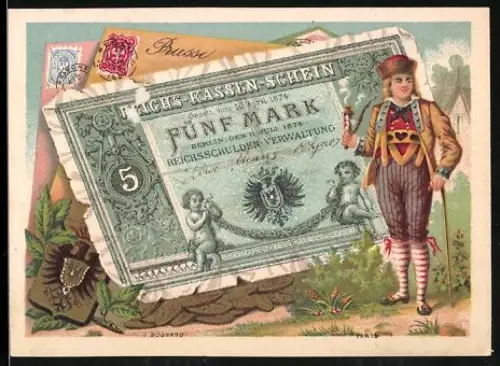Sammelbild Deutscher Reichs-Kassen-Schein, Geldschein 5 Mark, Mann in Tracht mit Pfeife