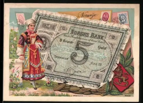 Sammelbild Norwegischer Geldschein 5 Kronen, Frau in landestypischer Tracht