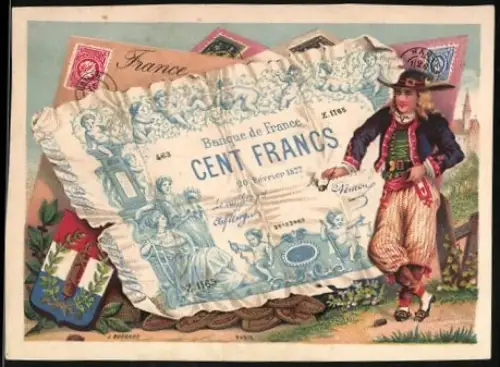 Sammelbild Französischer Geldschein 100 Francs, Mann in Tracht mit Pfeife in der Hand