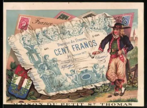 Sammelbild Französischer Geldschein 100 Francs, Mann in Tracht mit Pfeife