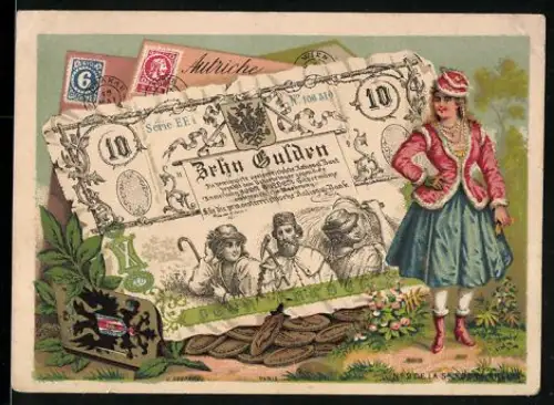 Sammelbild Österreichischer Geldschein 10 Gulden, Elegante Dame