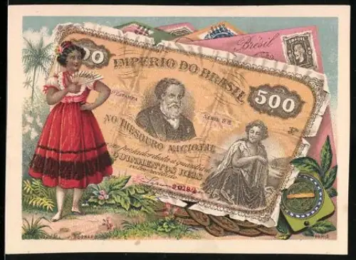 Sammelbild Brasilianischer Geldschein 500 Reis, Frau in Tracht mit Fächer in der Hand