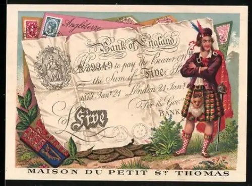 Sammelbild Maison du Petit St. Thomas, Englischer Geldschein 5 Pfund, Mann im Schottenrock