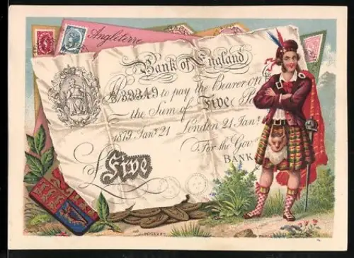Sammelbild Englischer Geldschein 5 Pfund, Schotte mit Degen am Rock