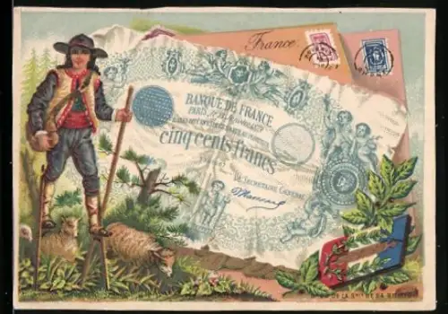 Sammelbild Französischer Geldschein 500 Francs, Wanderer auf Stelzen
