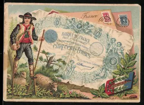 Sammelbild Moscou, Robes et Modes E. Minangoy, Französischer Geldschein 500 Francs, Wanderer auf Stelzen