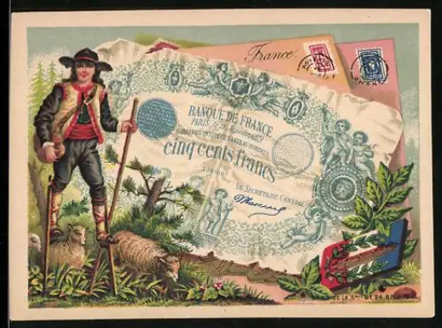 Sammelbild Französischer Geldschein 500 Francs, Wanderer auf Stelzen