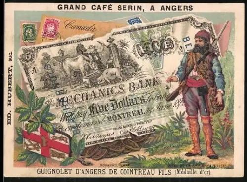 Sammelbild Angers, Grand Café Serin, Guignolet d`Angers, Kanadischer Geldschein 5 Dollar, Trapper mit Gewehr