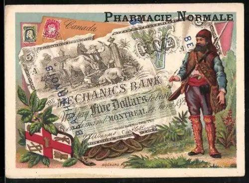 Sammelbild Pharmacie Normale, Produits Hygiéniques de Toilette, Kanadischer Geldschein 5 Dollar, Trapper mit Gewehr