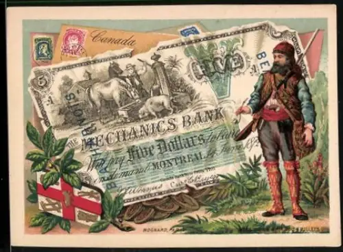 Sammelbild Kanadischer Geldschein 5 Dollar, Trapper mit Gewehr