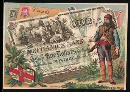 Sammelbild Kanadischer Geldschein 5 Dollar, Trapper mit Gewehr