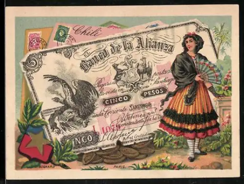 Sammelbild Chateauroux, Gaston et Pierre, Tailleurs et Chemisiers, Chilenischer Geldschein 5 Pesos