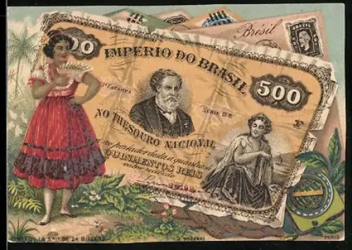 Sammelbild Brasilianischer Geldschein 500 Reis, Frau mit Fächer