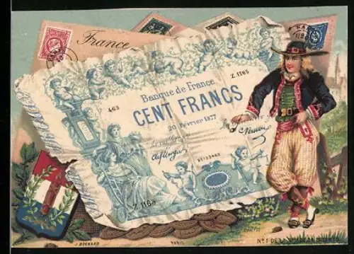 Sammelbild Französischer Geldschein 100 Francs, Mann mit Pfeife in der Hand
