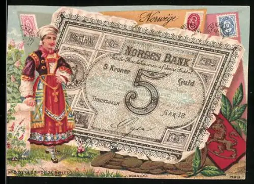 Sammelbild Orléans, Mercerie, Bonneterie J. Poisson, Norwegischer Geldschein 5 Kronen, Frau in Tracht