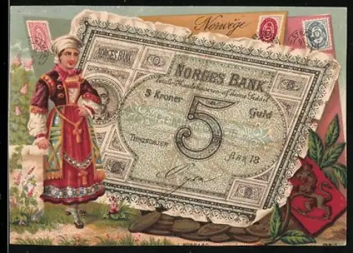 Sammelbild Norwegischer Geldschein 5 Kronen, Frau in Tracht