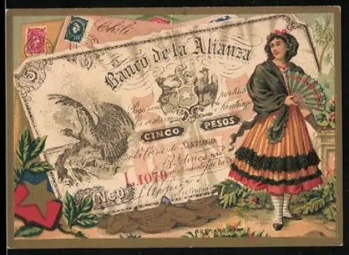 Sammelbild Cambrai, Arlatte et Cie., Chicorée Bleu Argent, Chilenischer Geldschein 5 Pesos, Frau mit Fächer