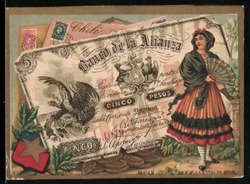 Sammelbild Chilenischer Geldschein 5 Pesos, Frau in Tracht mit Fächer in der Hand