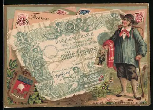 Sammelbild Französischer Geldschein 1000 Francs, Mann mit Wanderstock und Rucksack