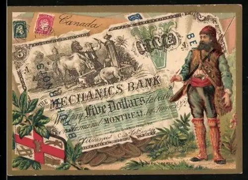 Sammelbild Cambrai, Arlatte et Cie., Chicorée Bleu Argent, Kanadischer Geldschein 5 Dollar, Trapper mit Gewehr