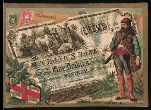Sammelbild Kanadischer Geldschein 5 Dollar, Trapper mit Gewehr