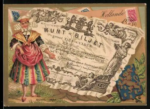 Sammelbild Cambrai, Arlatte et Cie., Chicorée Bleu Argent, Niederländischer Geldschein 10 Gulden