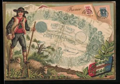 Sammelbild Französischer Geldschein 500 Francs, Wanderer auf Stelzen