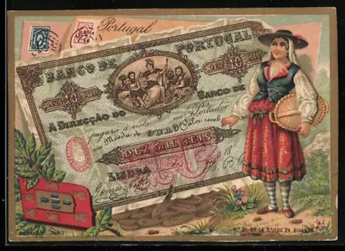 Sammelbild Portugiesischer Geldschein 10.000 Reis, Frau in Tracht
