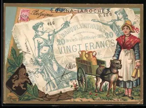 Sammelbild Quina Laroche, Élixir Vineux, Französischer Geldschein 20 Francs, Frau in Tracht