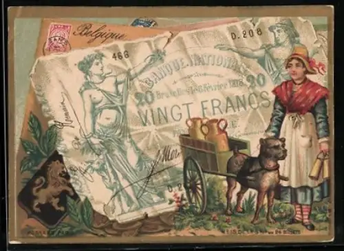 Sammelbild Französischer Geldschein 20 Francs, Frau in Tracht